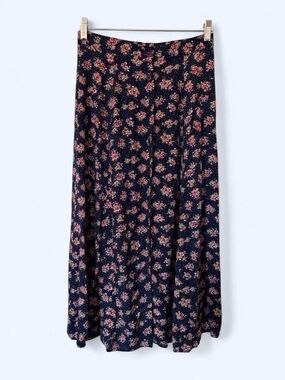 Vintage 90s Floral Rayon Button Front Maxi Skirt M